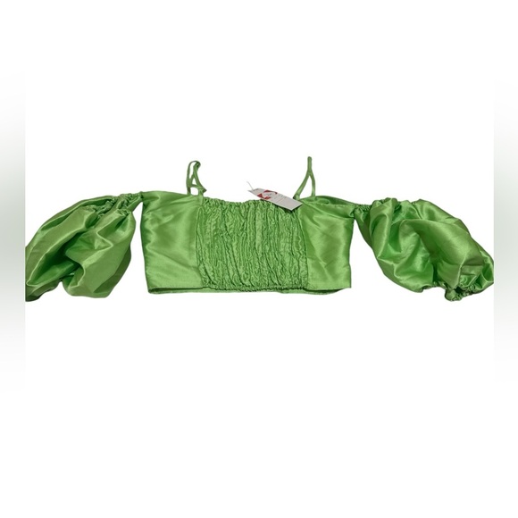 ASOS DESIGN COLD SHOULDER TOP WITH PUFF BALL SLEEVE IN GREEN size 6 small - Picture 3 of 5